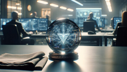 Crystal ball on a desk, AI driven visions of a sophisticated triangulation algorithm. Blurred tech office in the background, intense cyber security operations - obrazy, fototapety, plakaty