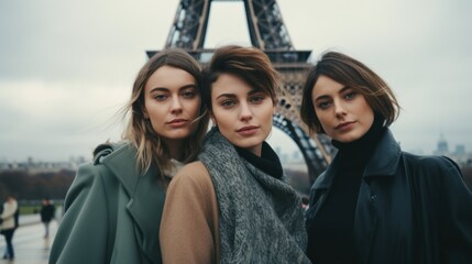 Three confident women posing in front of the Eiffel tower