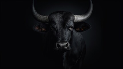 Portrait of black bull on black background with copy space