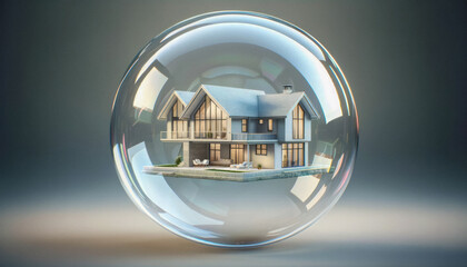 Real estate bubble, a modern single family upper class home in a soap bubble