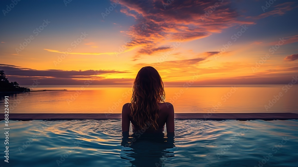 Wall mural woman on summer vacation holiday relaxing in infinity swimming pool with blue sea sunset - Wall murals