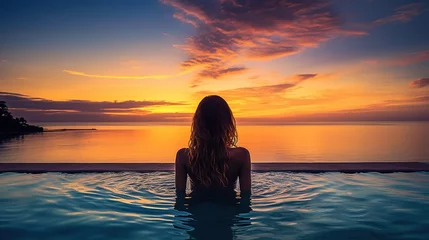 Poster Woman on summer vacation holiday relaxing in infinity swimming pool with blue sea sunset © Boraryn