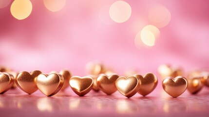 Golden hearts on a pink background. Happy Valentine Day wedding. Bokeh lights - Powered by Adobe