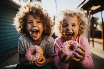 Fotobehang Joyful Childhood: Two Kids Laughing with Sprinkled Donuts © Distinctive Images