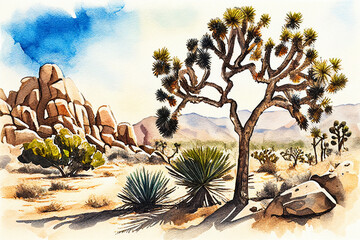 Joshua Tree National Park Landscape in Watercolor Illustration