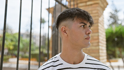 Cool, relaxed young hispanic man looking serious, standing outside on a sunny street. handsome male...