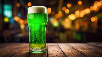 Glass of fresh cold green beer on a wooden bar counter in pub. Soft focus.