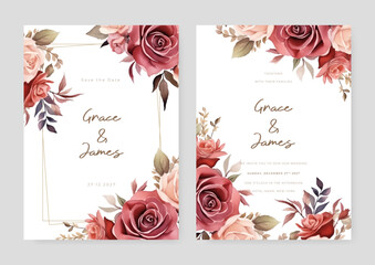 Pink and red rose wedding invitation card template with flower and floral watercolor texture vector