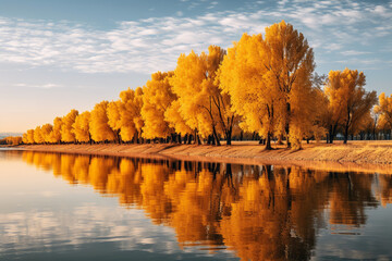 Document the golden reflections on the surface of a calm river, with a row of autumn trees creating a picturesque riverside scene