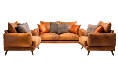 An elegant set of brown textile 2 seater sofa and armchairs, blending comfort with modern luxury. Transparent background.