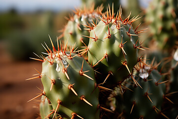 Explore the textural details of a desert cactus, capturing its intricate patterns and thorns in a close-up shot