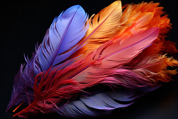 Highlight the microscopic structures within a single bird feather, showcasing the barbules and pigments