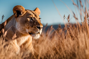 Obraz premium Majestic lioness surveying grassy plains