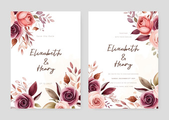 Pink and red rose elegant wedding invitation card template with watercolor floral and leaves