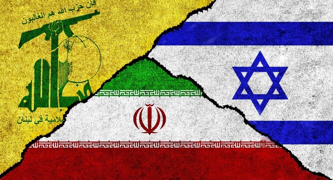 Hezbollah, Iran and Israel flag together on a textured background. Conflict between Israel, Iran and Hezbollah concept