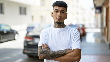 Cool young latin man with tattooed arms, standing outdoors on the urban street, carrying a relaxed...
