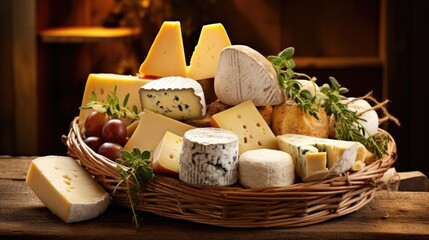 Basket with different types of cheeses, rustic background