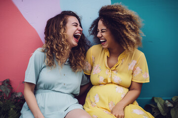 Two pregnant women in summer pastel color dress sitting outside and laughing. Colorful wall...
