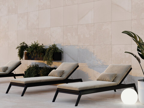 Patio space terrace or porch with lounger deck chairs. Travertine wall.  Lounge recliner yard hotel or house. Outdoor furniture - luxury nice exterior design. Courtyard mockup. 3d render