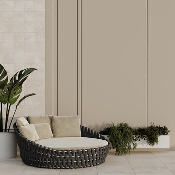 Terrace with daybed recliner outside. The patio loggia is a cozy place for summer holidays and rest vacation hotel. Beige travertine and daylight. Patio design yard outdoor. 3d rendering 