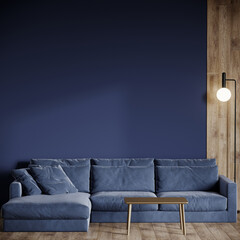 Dark navy luxury living room - modern minimal interior and furniture design. Mockup for art - empty painted blue indigo wall. Premium lounge area office, reception, hotel or home salon. 3d render