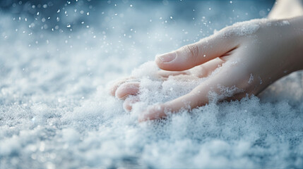 Fototapeta premium hands touches snow at thermal spa at the mountains winter area