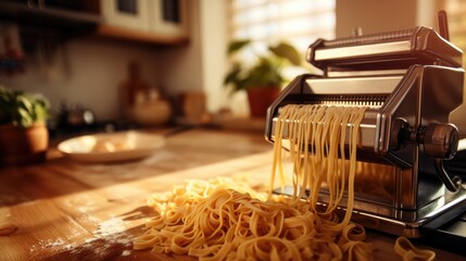 Manual machine for rolling dough and pasta. Noodle cutter. Kitchen background