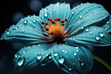 Macro close-up of a flower with water droplets on a dark background.