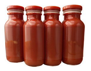 Red sauce in bottles with caps, paint, chili, ketchup, hot seasoning for cooking. Transparent background, png