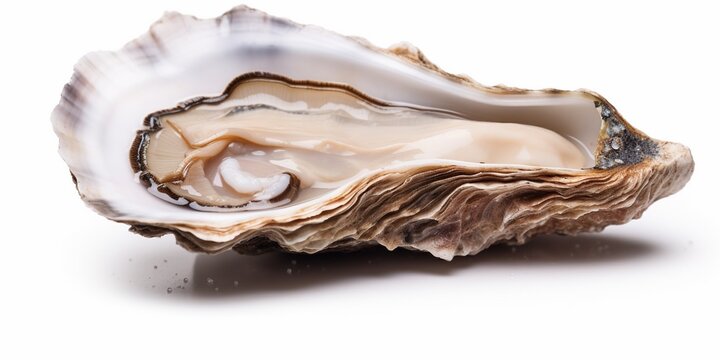 Fresh opened oyster on white background, raw seafood half shell fresh oyster.
