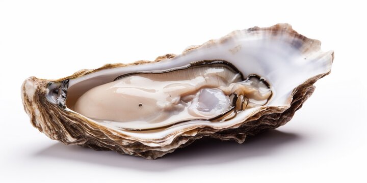 Fresh opened oyster on white background, raw seafood half shell fresh oyster.