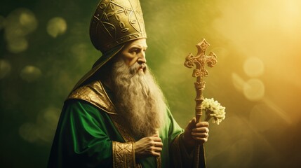 Saint Patrick on a blurred green background - obrazy, fototapety, plakaty
