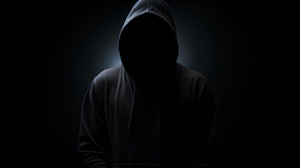 Silhouette of a hooded man with black sweatshirt, unrecognizable face, stalker, hacker, danger, criminal, maniac, black background