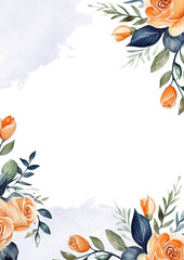Fototapeta na wymiar Peach white and blue watercolor hand painted background template for Invitation with flora and flower