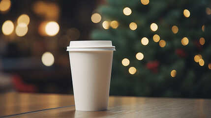 Paper cup with coffee сlose up. Coffee cup. Christmas tree with lights on the background. Holiday...