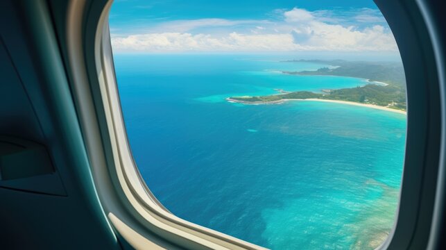 Sea and beach, view from an airplane window. Travel and air transportation © brillianata