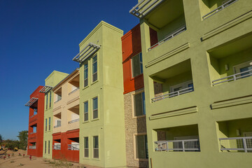 exterior view of colorful new built apartment building