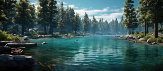 A clear, turquoise river on the edge of a pine forest and several canoes docked - obrazy, fototapety, plakaty