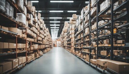 Blurred image of warehouse with rows of boxes. Industrial background.