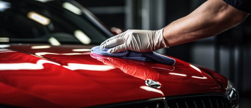 The man holds the microfiber in hand and polishes the car