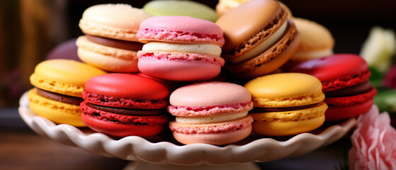 A vibrant display of assorted macarons arranged with precision, showcasing a delightful array of colors.
