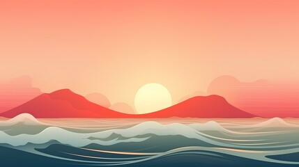 Fototapeta na wymiar Minimalist design. Blue waves sea with soft yellow sky and red sun background. generative AI