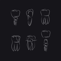 Teeth collection implant, braces, tooth crown, dental seal drawing in linear style on black background