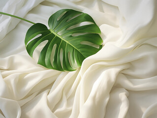 Monstera Deliciosa leaves on white cloth