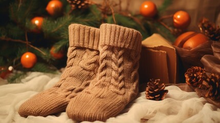 Warm knitted socks on cozy background. Concept for handmade and hygge slow life