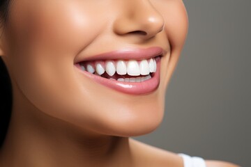 Obraz premium Charming female smile with dazzling white teeth, showing excellent dental health and hygiene