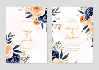 Peach and blue rose set of wedding invitation template with shapes and flower floral border