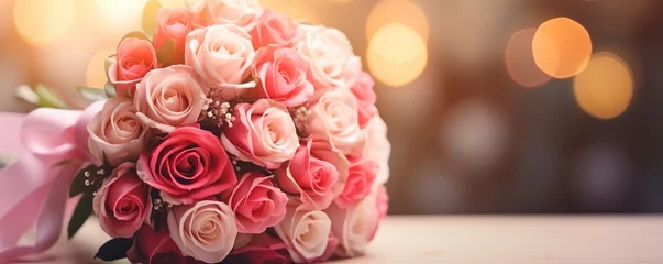 Gordijnen Wedding bouquet of beautiful roses with blurred background, invitation banner greeting card concept © Gethuk_Studio