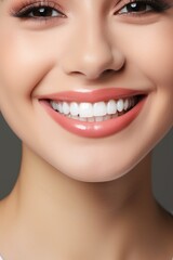 Fototapeta premium Charming female smile with dazzling white teeth, showing excellent dental health and hygiene