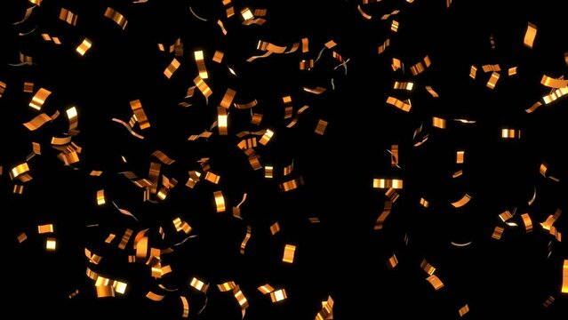 Mesmerizing shower of golden confetti over the black background. 3d rendered animation.